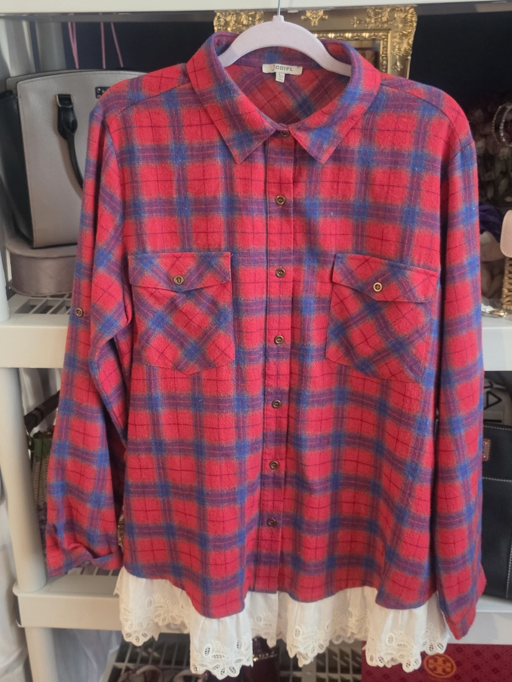 JODIFL Pink and Blue Plaid Flannel Button-Up Shirt